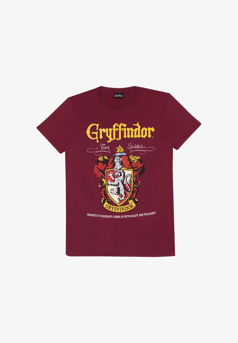 Bordeauxfarbiges Baumwoll-T-Shirt mit einem Gryffindor-Wappen, das einen Löwen zeigt, gelber Text und im Vintage-Illustrationsstil. Rundhals, kurze Ärmel.