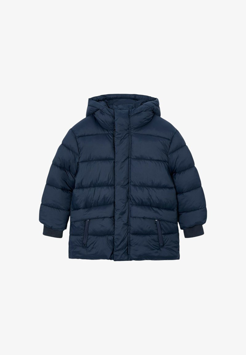 Giacca a piumino blu navy con cappuccio, maniche lunghe, cerniera frontale coperta da patta, due tasche laterali con zip e polsini a costine.