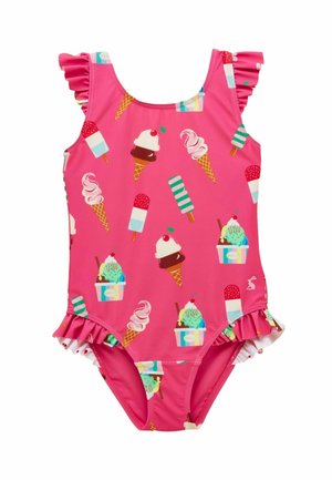 Leuchtend pinker Kinderbadeanzug mit gerafften Schultern und Säumen, versehen mit bunten Eiscremehörnern, Eis am Stiel und Sundae-Motiven.