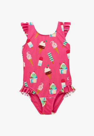 Bright pink toddler swimsuit with ruffled shoulders and hems, featuring colorful ice cream cones, popsicles, and sundae prints.
