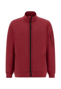 Rote Zip-Jacke mit hohem Kragen, zwei Seitenleisten und einer Armtasche. Glatte Textur und figurbetontes Design.