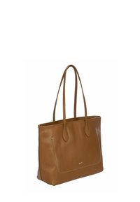 Sac fourre-tout en cuir marron avec deux longues poignées, forme rectangulaire plate, surface texturée et un subtil détail de couture à l'avant.