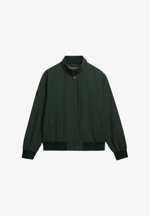 Cazadora bomber de color verde oscuro con cuello alto, cierre de cremallera, puños elásticos y dos bolsillos frontales con botones a presión. Tejido suave y ligero.
