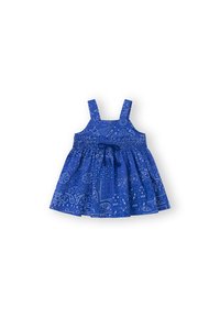 Vestido azul con tirantes finos, un corsé fruncido y una falda acampanada con patrones de paisley y flores en blanco. Tejido de algodón con una textura suave.