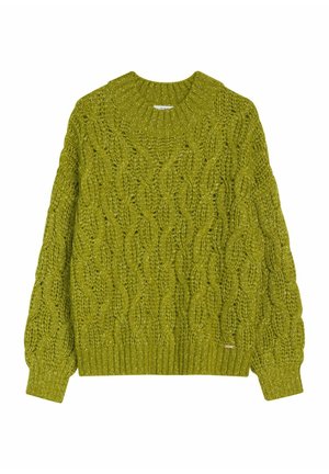 Sweter dziany w żywym zielonym kolorze z wzorem warkocza, z okrągłym dekoltem oraz ściągaczami na rękawach i dole. Wykonany z teksturowanej przędzy.