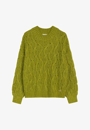 Sweter dziany w żywym zielonym kolorze z wzorem warkocza, z okrągłym dekoltem oraz ściągaczami na rękawach i dole. Wykonany z teksturowanej przędzy.