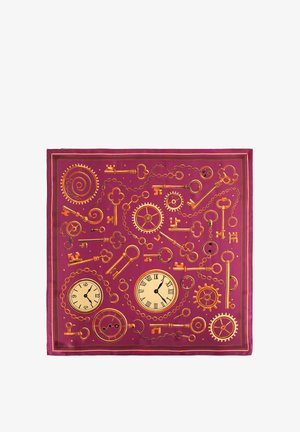 Sciarpa quadrata rosso scuro decorata con chiavi vintage dorate, quadranti con numeri romani e arabi e catene e ingranaggi interconnessi.