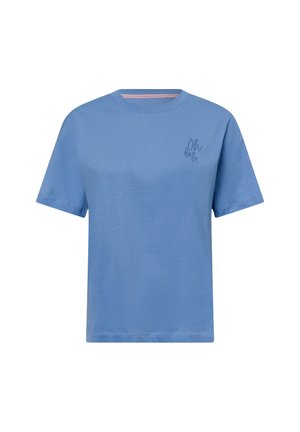 Blue cotton t-shirt with short sleeves, round neckline, and a small embroidered detail on the chest. Smooth texture, casual fit.