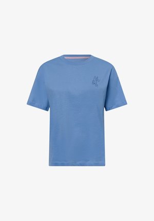 Blue cotton t-shirt with short sleeves, round neckline, and a small embroidered detail on the chest. Smooth texture, casual fit.