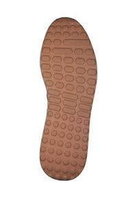 Brown rubber outsole with hexagonal textured pattern, featuring the brand logo at the top. Designed for traction and durability.