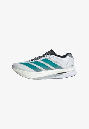 White and teal Adidas running shoe with black laces, breathable mesh upper, and cushioned sole for lightweight support.