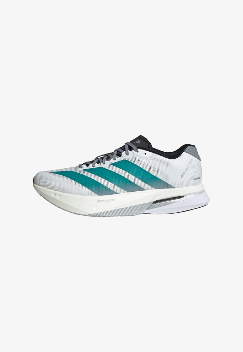 Witte en turquoise Adidas hardloopschoen met zwarte veters, ademend mesh bovenwerk en een gedempte zool voor lichte ondersteuning.