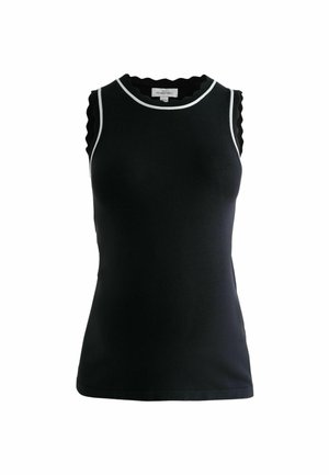 Haut de maternité sans manches noir avec bordure blanche sur l'encolure et les emmanchures, présentant des bords festonnés aux épaules.