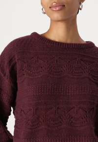 Maglione lavorato a maglia borgogna con scollatura ampia, motivi testurizzati e intricati disegni a giorno nell'area del petto.