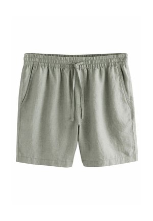 Shorts en lin gris clair avec une taille élastique, cordon de serrage ajustable et poches latérales. Texture lisse, coupe au genou.