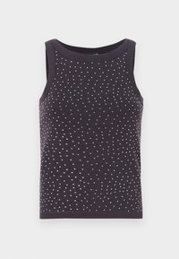 Camisola preta sem mangas com decote redondo, apresentando um padrão disperso de pequenos studs prateados por toda a peça. Tecido suave.