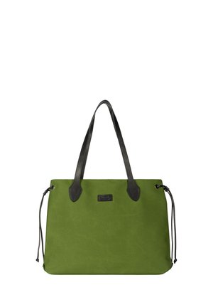 Grüne Tragetasche mit schwarzen Ledergriffen und seitlichen Kordelzugdetails, rechteckige Form und dezentem Markenetikett in der Mitte vorne.
