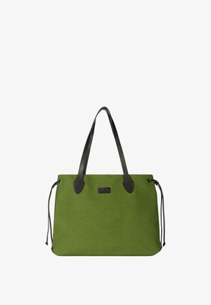 Green tote bag with black leather handles and side drawstring details, rectangular shape, and subtle brand patch in center front.