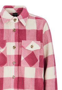 Chemise flanelle à carreaux rose et blanc avec un col classique, deux poches poitrine et des boutons ronds ; tissu texturé et chaud avec un motif à carreaux.