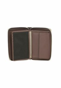 Portefeuille zippé en cuir marron à texture lisse, avec des emplacements pour cartes, une poche d'identification transparente et une poche en mesh noir à l'intérieur.