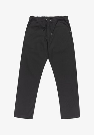 Black, lightweight joggers made from a soft fabric. Features an elastic waistband with a drawstring and side pockets. Tapered legs.