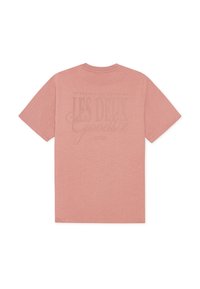 Ροζ βαμβακερό t-shirt με κοντά μανίκια και στρογγυλή λαιμόκοψη. Διαθέτει μεγάλο, διακριτικό εκτυπωμ ένο κείμενο στο πίσω μέρος. Απαλή υφή.