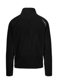Giacca in pile nera con colletto alto, maniche lunghe e chiusura con zip. Presenta pannelli laterali a contrasto e logo sulla spalla.