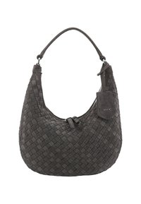 Dunkelgraue Wildleder-Hobo-Bag mit gewebter Textur, einem einzelnen Griff, Reißverschlussverschluss und einem an der Tragevorrichtung befestigten, markierten Lederlabel.