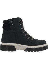 Bottines noires avec un tissu texturé, devant à lacets, fermeture éclair sur le côté et semelle en caoutchouc. La tige présente des accents cousus et un col rembourré.