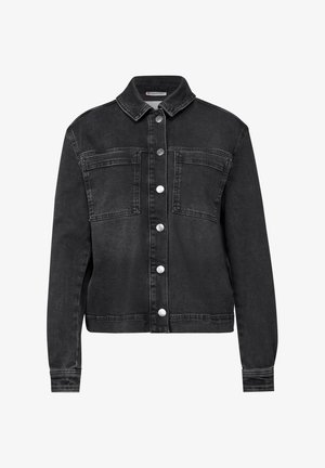 Schwarze Denimjacke mit einem kragenförmigen Ausschnitt, vorderem Knopfverschluss, zwei Brusttaschen und langen Ärmeln mit Knopfmanschetten.