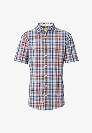 Kortærmet skovmandsskjorte i blå, rød og hvid. Har struktureret krave, knaplukning foran og en enkelt brystlomme. Letvægtsstof.