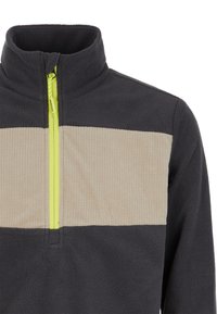 Fleece-Pullover in Dunkelgrau mit einem beigen horizontalen Streifen. Mit Stehkragen und gelbem Reißverschluss. Weiche Textur und lässiges Design.
