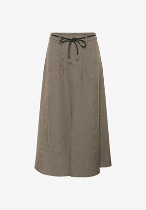 Brown checkered skirt featuring a drawstring waist, pleated design, knee-length cut, and a soft, textured fabric.