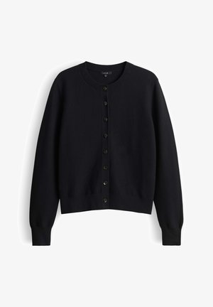 Cardigan noir à manches longues avec boutons, col rond, poignets et ourlet côtelés, présenté sur un fond blanc.