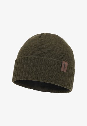 Green knitted beanie with a ribbed texture and a folded cuff. Features a small brown leather label on one side.