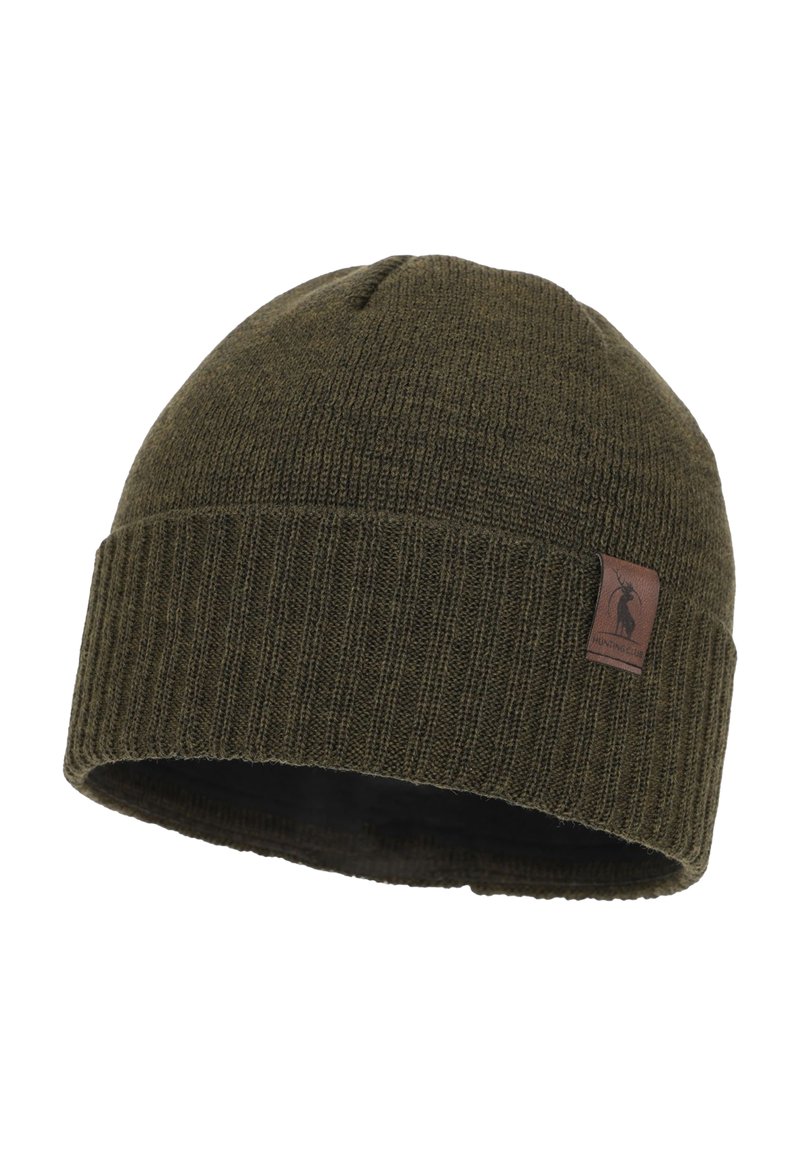 Green knitted beanie with a ribbed texture and a folded cuff. Features a small brown leather label on one side.