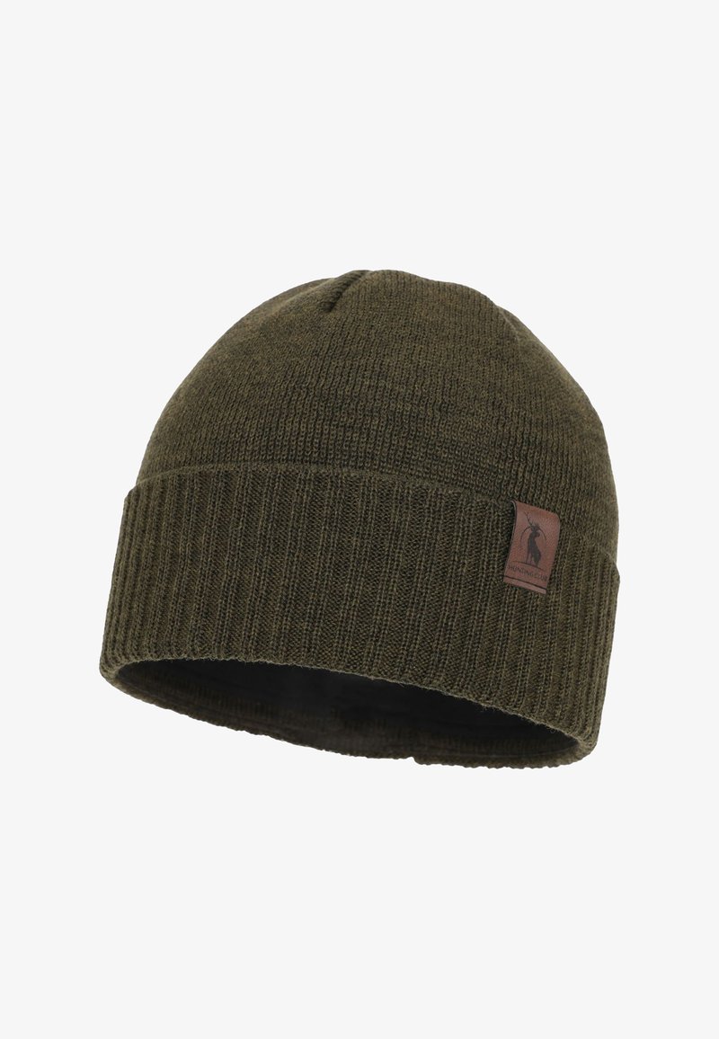 Green knitted beanie with a ribbed texture and a folded cuff. Features a small brown leather label on one side.