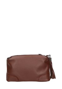 Borsa in pelle marrone con superficie testurizzata, zip superiore e un accento in nappa per un tocco di dettaglio. Forma compatta rettangolare.