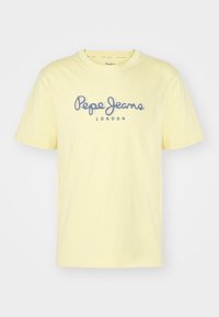 Geltonas medvilninis marškinėliai su trumpomis rankovėmis ir apvalia iškirpte. Priekyje išspausdinta "Pepe Jeans LONDON" mėlyna spalva. Paprastas dizainas.