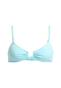 Ανοιχτό μπλε τοπ μπικίνι με ρυθμιζόμενους ιμάντες, υφασμάτινη υφή με διακριτικά κυματιστά σχέδια και κεντρικό κούμπωμα για ασφαλή κλείσιμο.