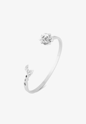 Ezüst csuklópántos karkötő rózsa és levél mintával; sima, fényes felület; nyitott forma részletes virágmintákkal.