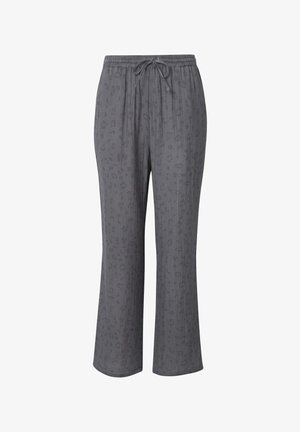Pantalones de pijama grises con un patrón, cintura elástica y cordón. Corte holgado con un diseño de pierna recta y una textura sutil de estampado de leopardo.