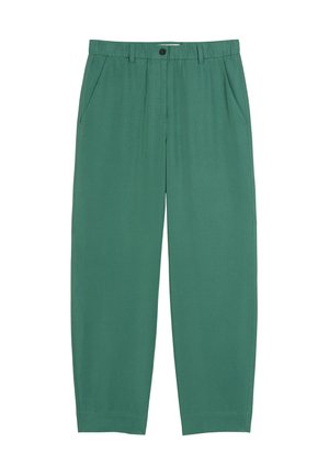 Pantalon vert léger avec une coupe décontractée. Comprend deux poches latérales, une fermeture à bouton unique à l'avant et une ceinture élastique.