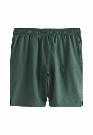 Dunkelgrüne Herren-Sportshorts mit elastischem Bund, zwei Seitentaschen und kleinen seitlichen Schlitzen am Saum.
