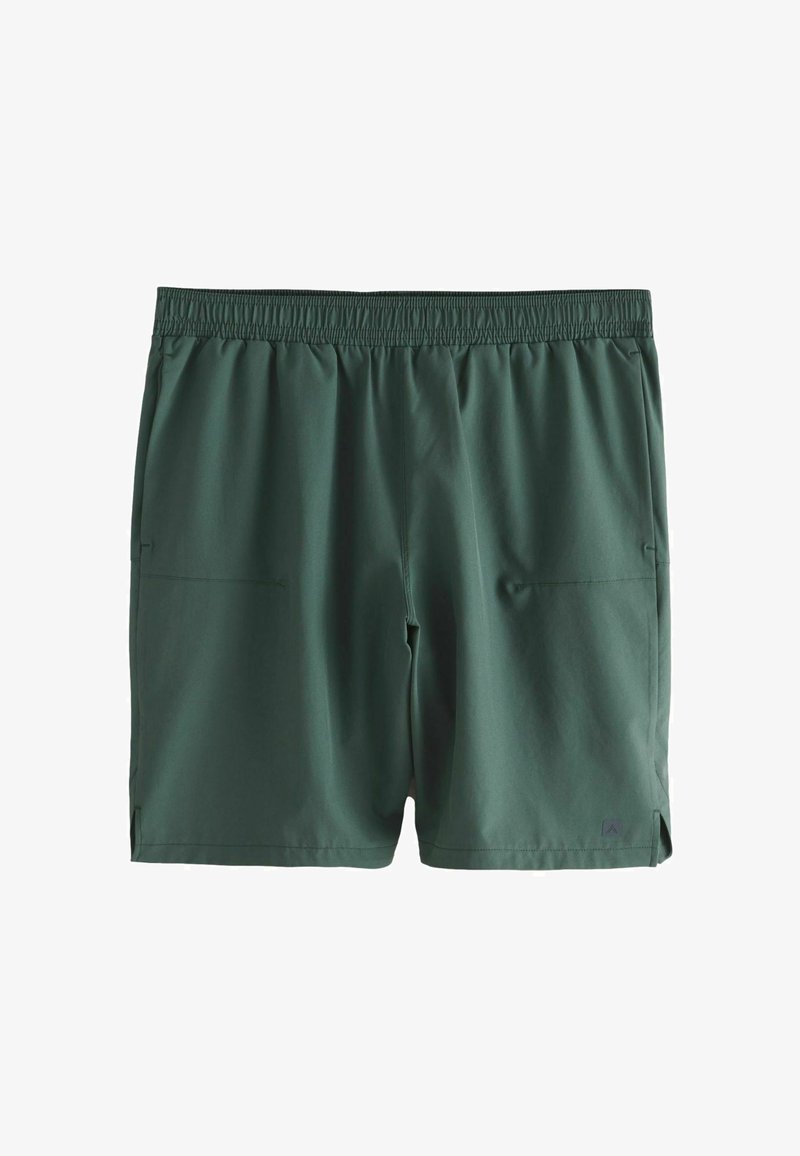Shorts de sport pour hommes de couleur vert foncé avec une taille élastique, deux poches latérales et de petites fentes sur les côtés à l'ourlet.
