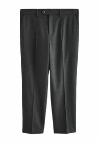 Dark gray tailored trousers with a textured fabric, featuring a flat front, belt loops, and a single button closure at the waist.