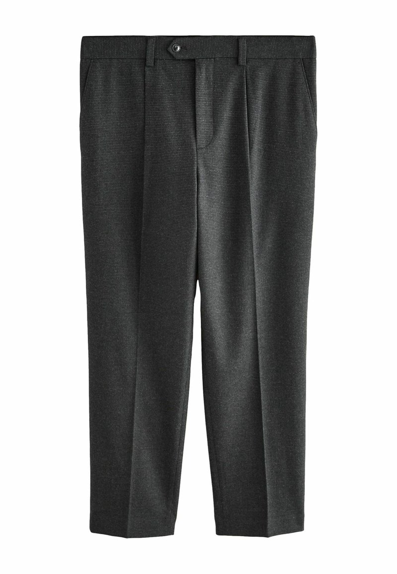Dark gray tailored trousers with a textured fabric, featuring a flat front, belt loops, and a single button closure at the waist.