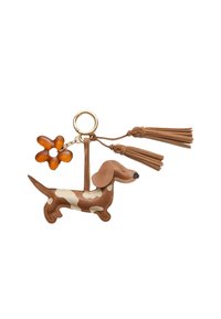 Lædernøglekæde formet som en dachsund i brun og creme, med guldbeslag, lysebrune frynser og en brun blomsteraccent.