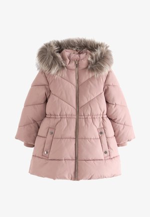 Roze gevoerde kinderwinterjas met ritssluiting aan de voorkant, elastische taille, twee zakken met drukknopen en een afneembare capuchon met nepbontrand.