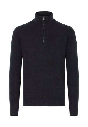 Tmavě šedý pletený svetr s vysokým límcem a čtvrt Zipem. Má dlouhé rukávy a vroubkované manžety a dolní lem. Měkká textura.